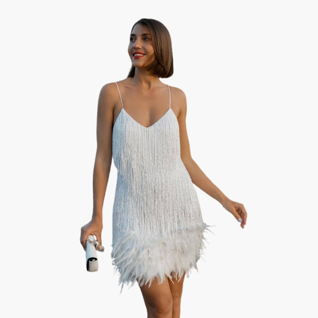 Vestido midi feminino com franjas e lantejoulas