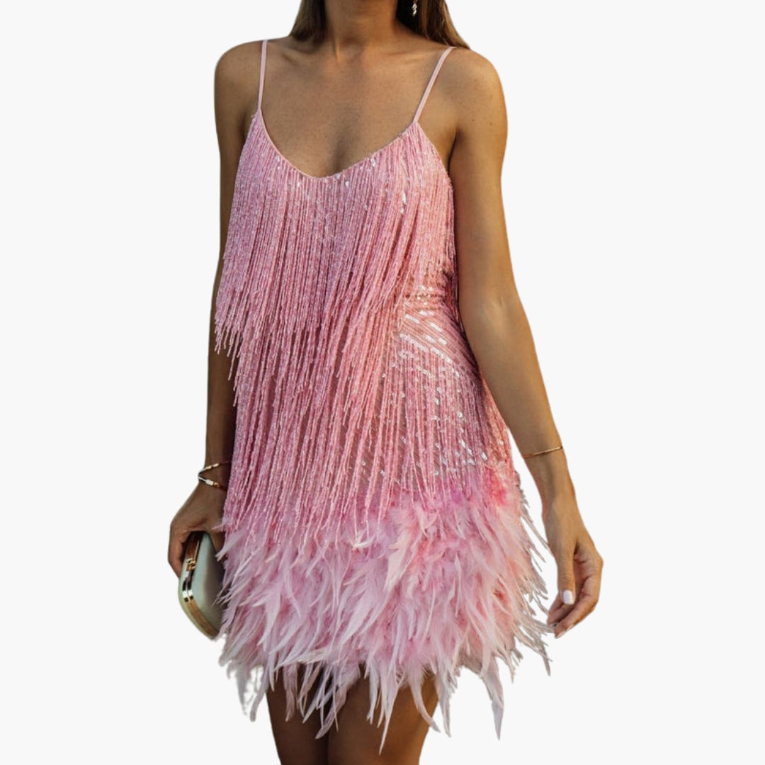 Vestido midi feminino com franjas e lantejoulas