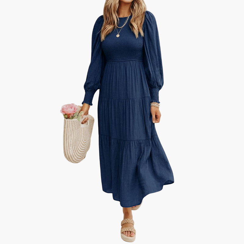 Abito midi donna a maniche lunghe con gonna a balze