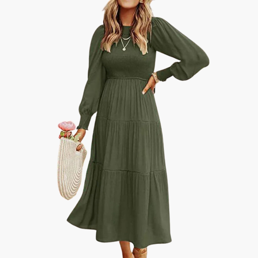 Abito midi donna a maniche lunghe con gonna a balze