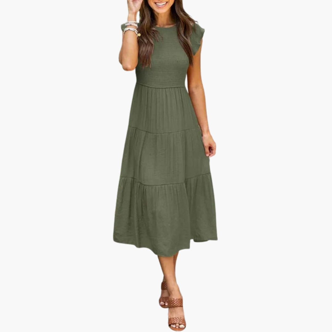 Midi dress for women with flutter sleeves and ruffled skirt