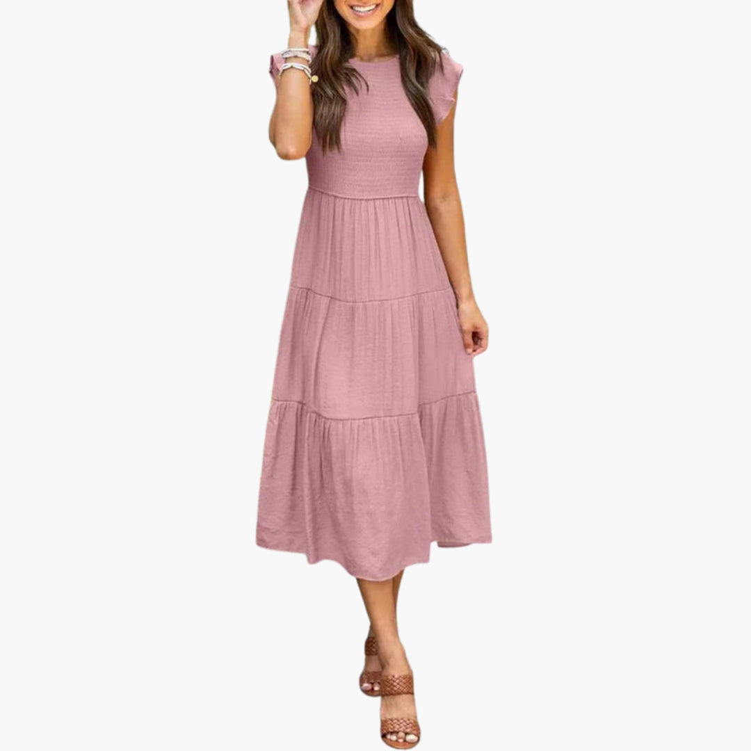 Midi dress for women with flutter sleeves and ruffled skirt