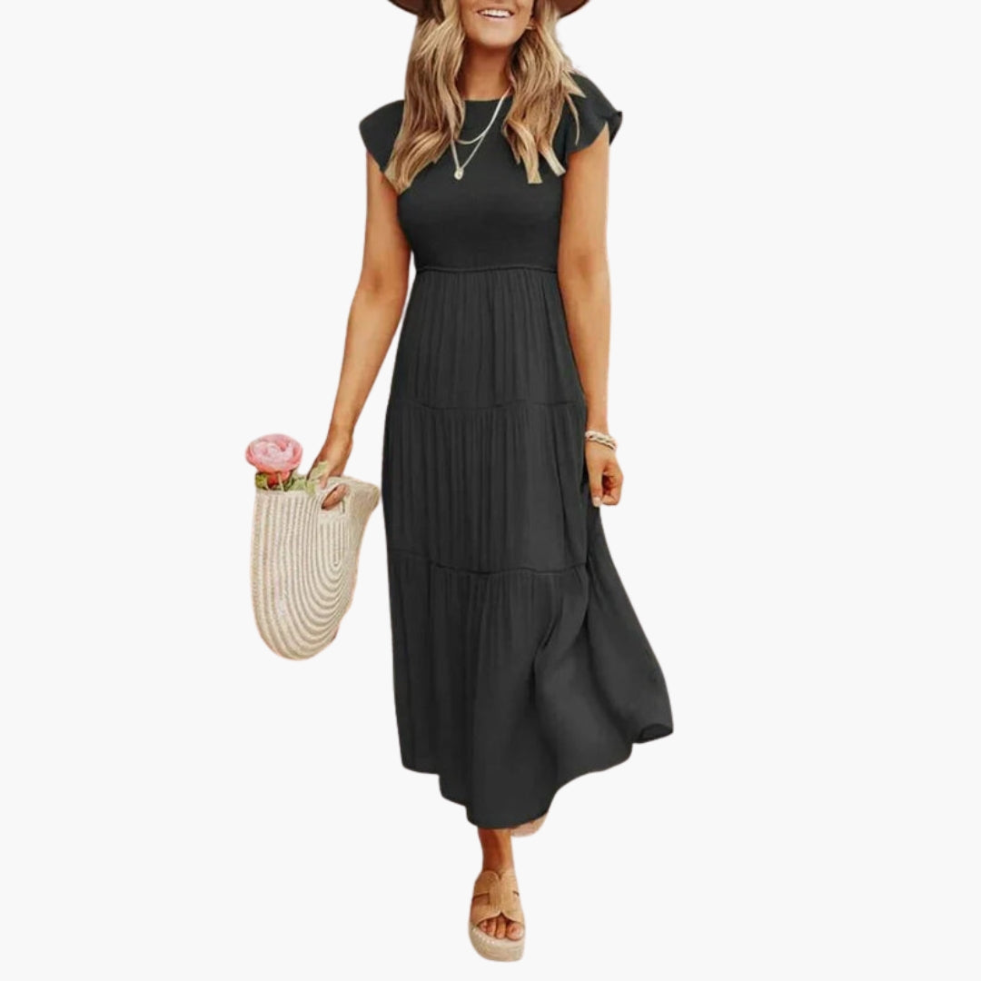 Midi dress for women with flutter sleeves and ruffled skirt