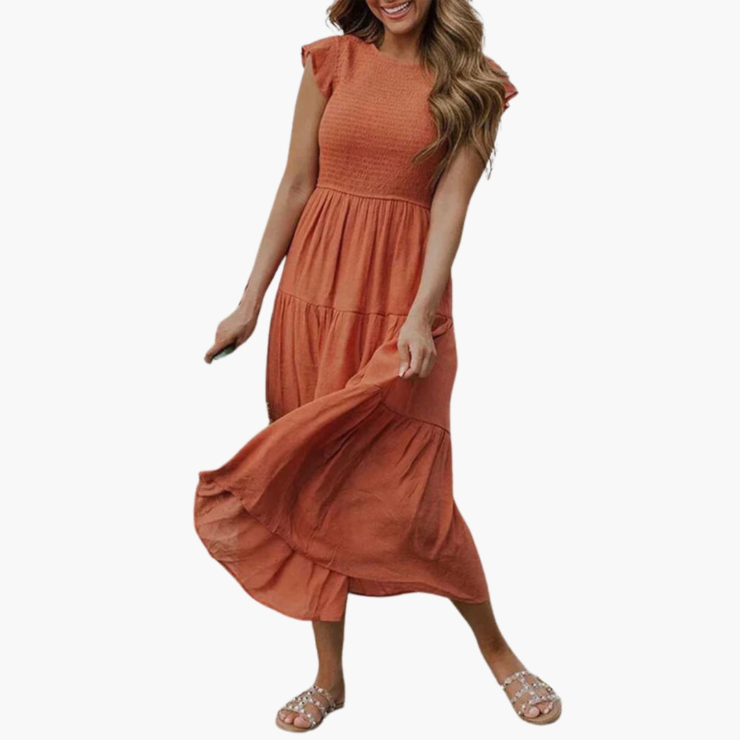 Midi dress for women with flutter sleeves and ruffled skirt