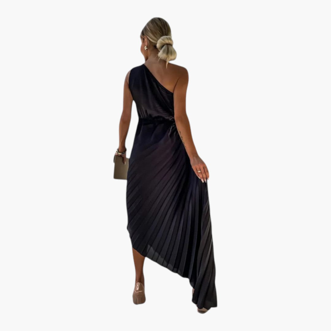 Asymmetrical one-shoulder midi dress for women with pleats