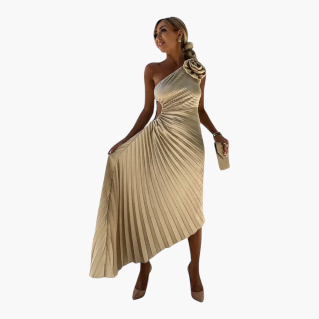 Asymmetrical one-shoulder midi dress for women with pleats