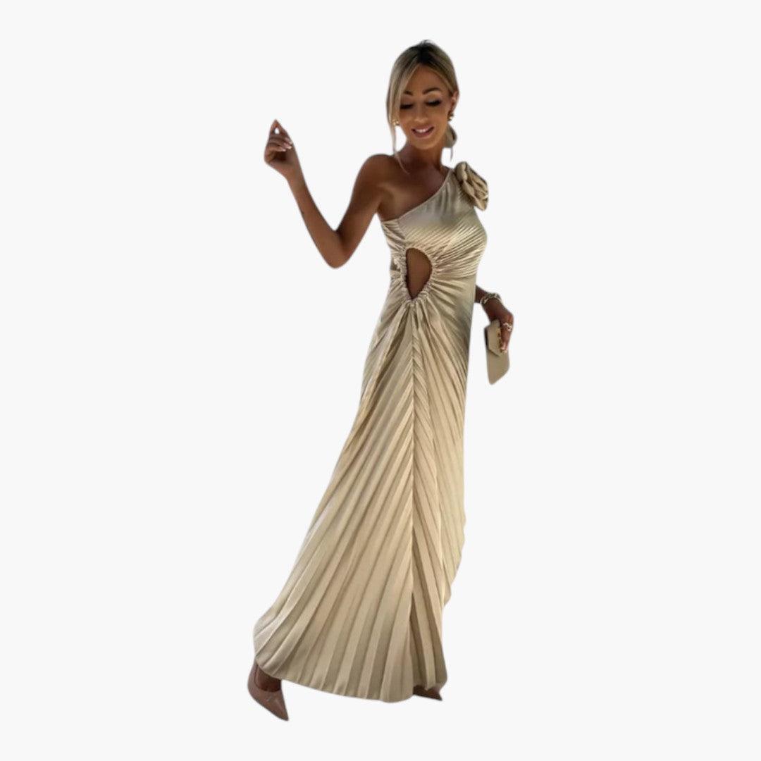Asymmetrical one-shoulder midi dress for women with pleats