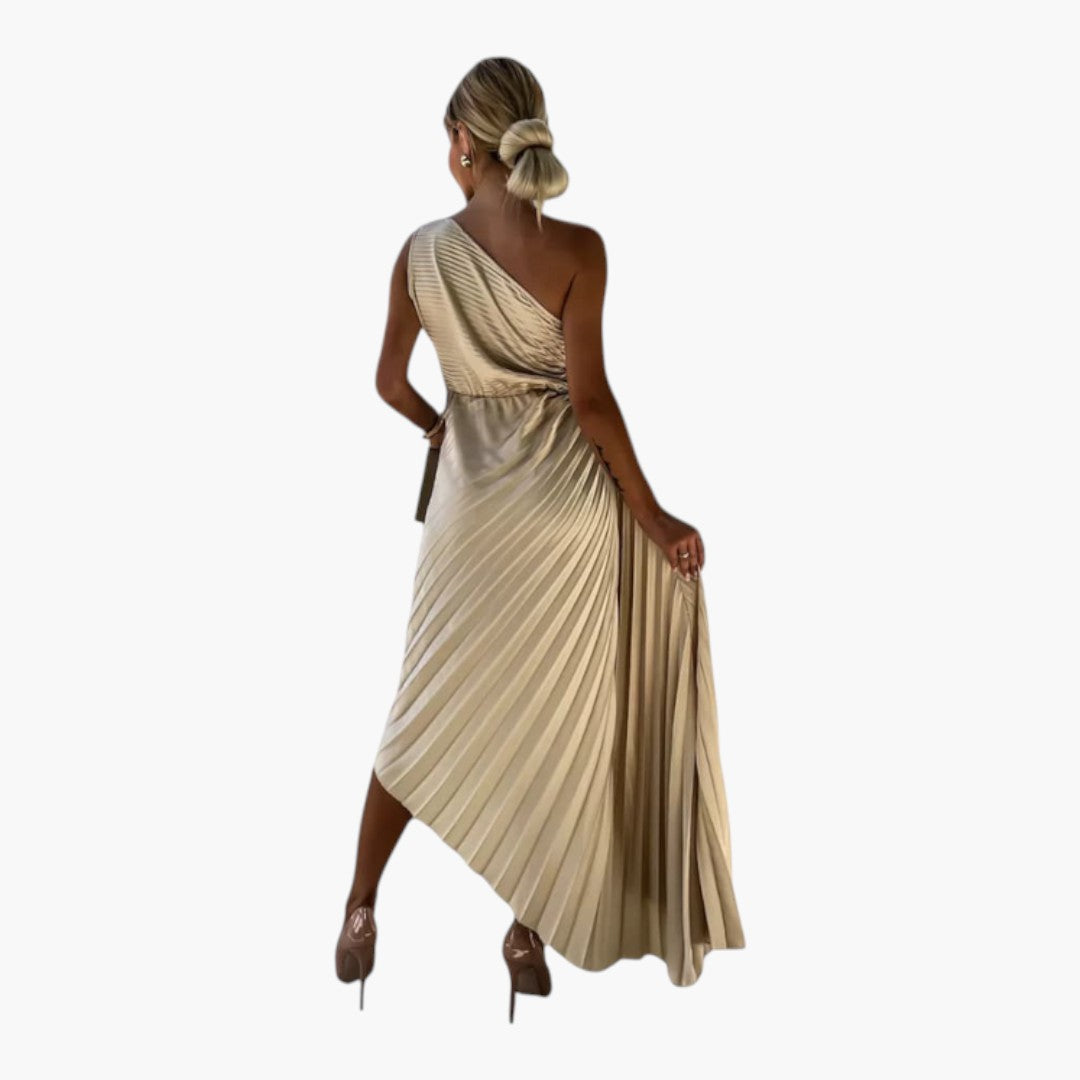 Asymmetrical one-shoulder midi dress for women with pleats