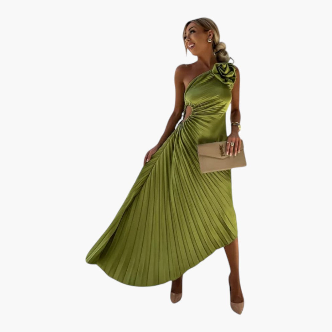 Asymmetrical one-shoulder midi dress for women with pleats