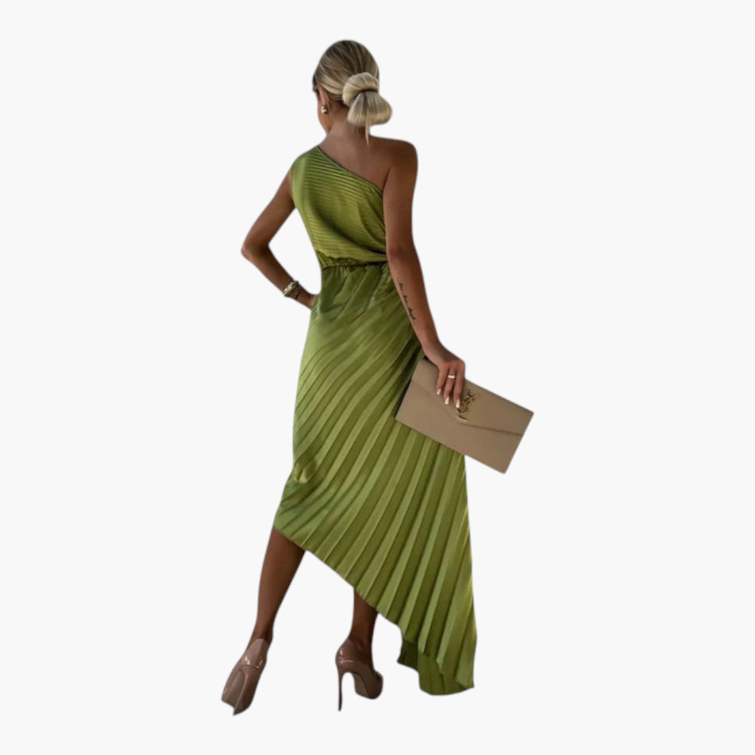 Asymmetrical one-shoulder midi dress for women with pleats