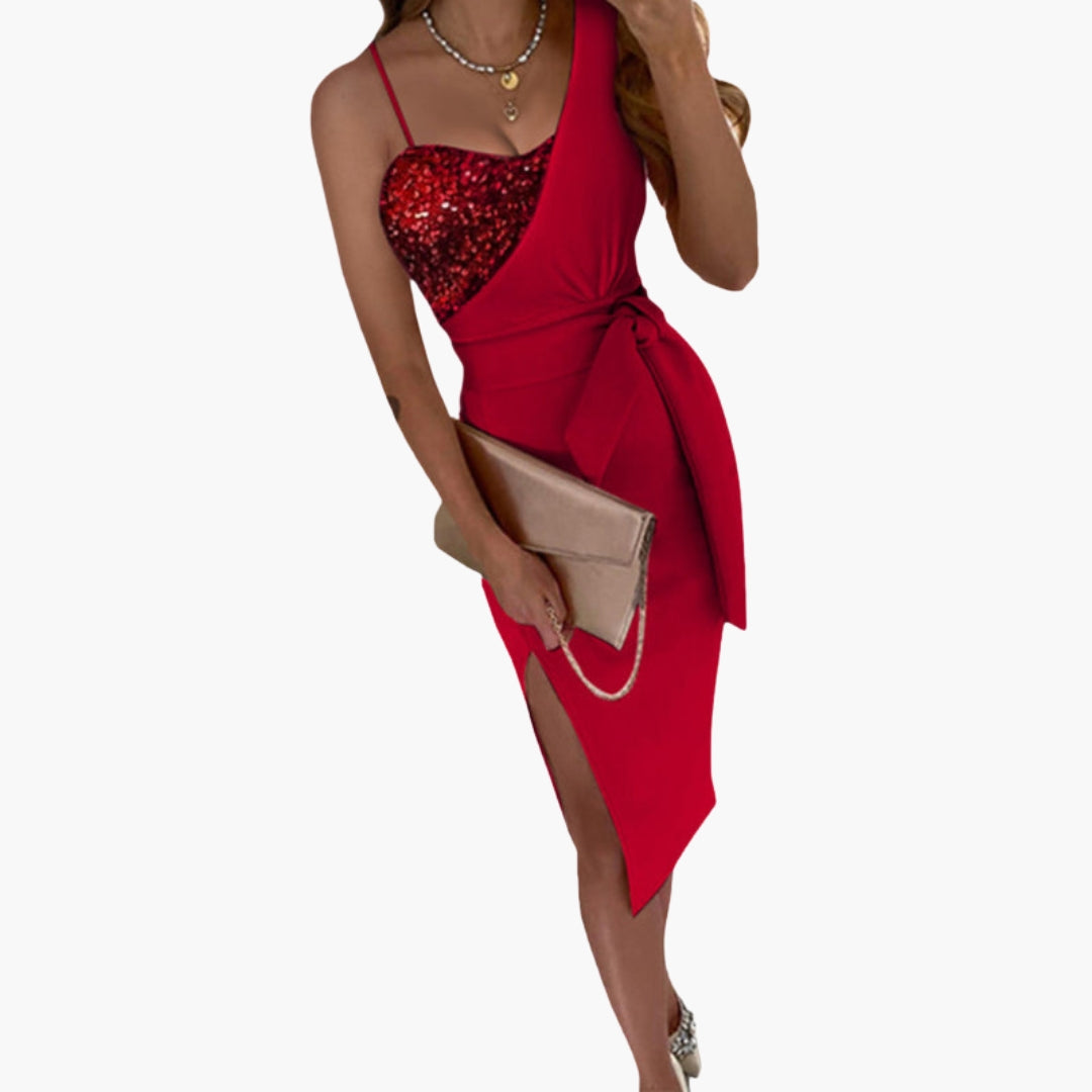 Midi-Kleid für Damen mit asymmetrischem Schnitt und Paillettenoberteil