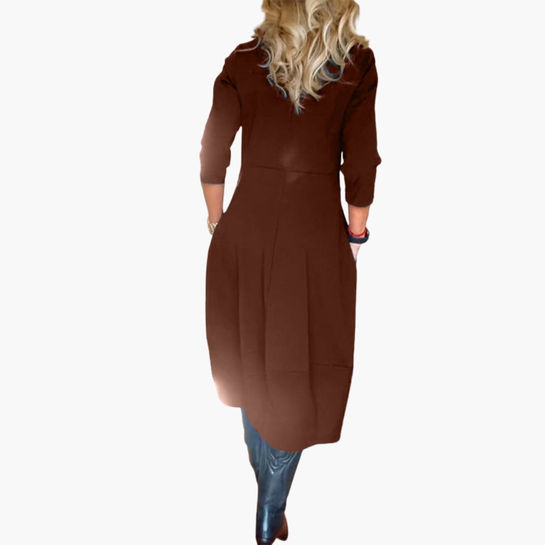 Abito midi donna con tasche e scollo rotondo