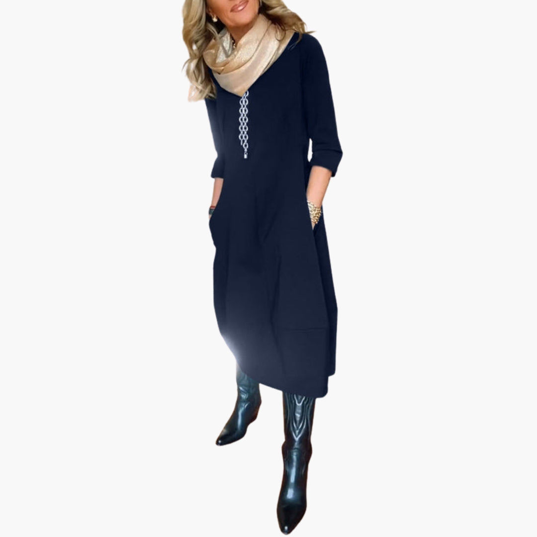 Midi-Kleid für Damen mit Taschen und rundem Ausschnitt