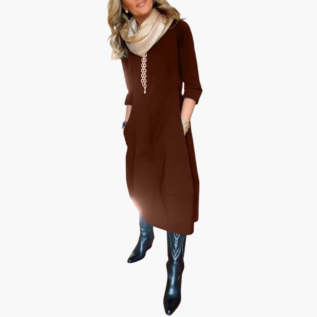 Abito midi donna con tasche e scollo rotondo