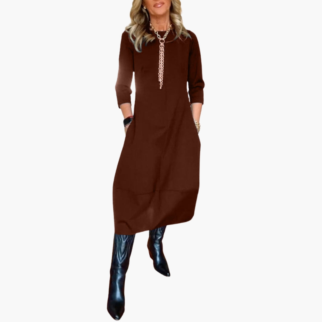 Abito midi donna con tasche e scollo rotondo