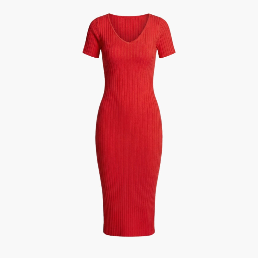Robe midi femme col V à texture côtelée