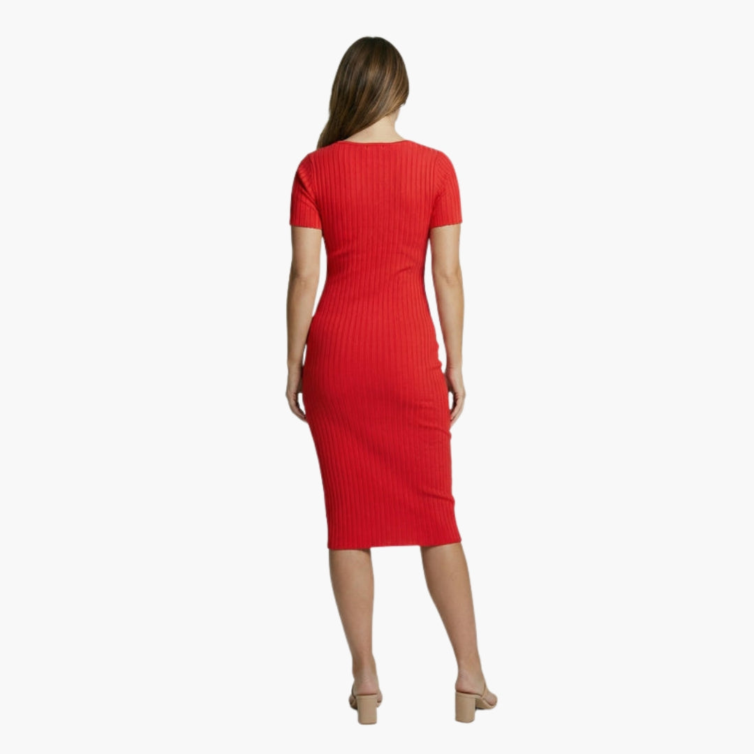Robe midi femme col V à texture côtelée