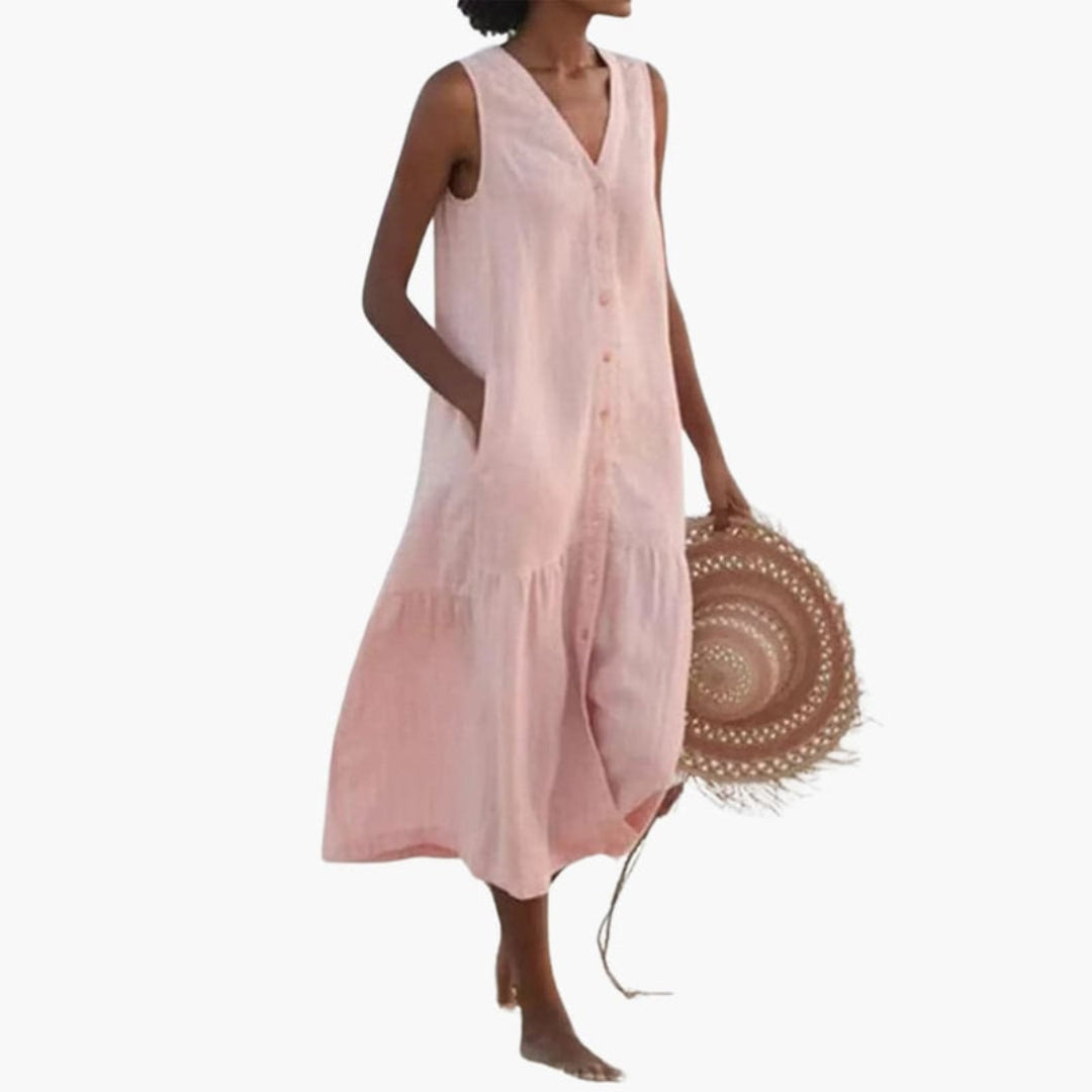 Midi dress for women with a V-neck and buttons on the front