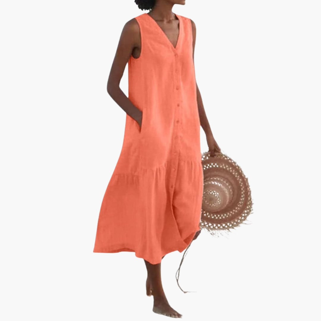 Midi dress for women with a V-neck and buttons on the front