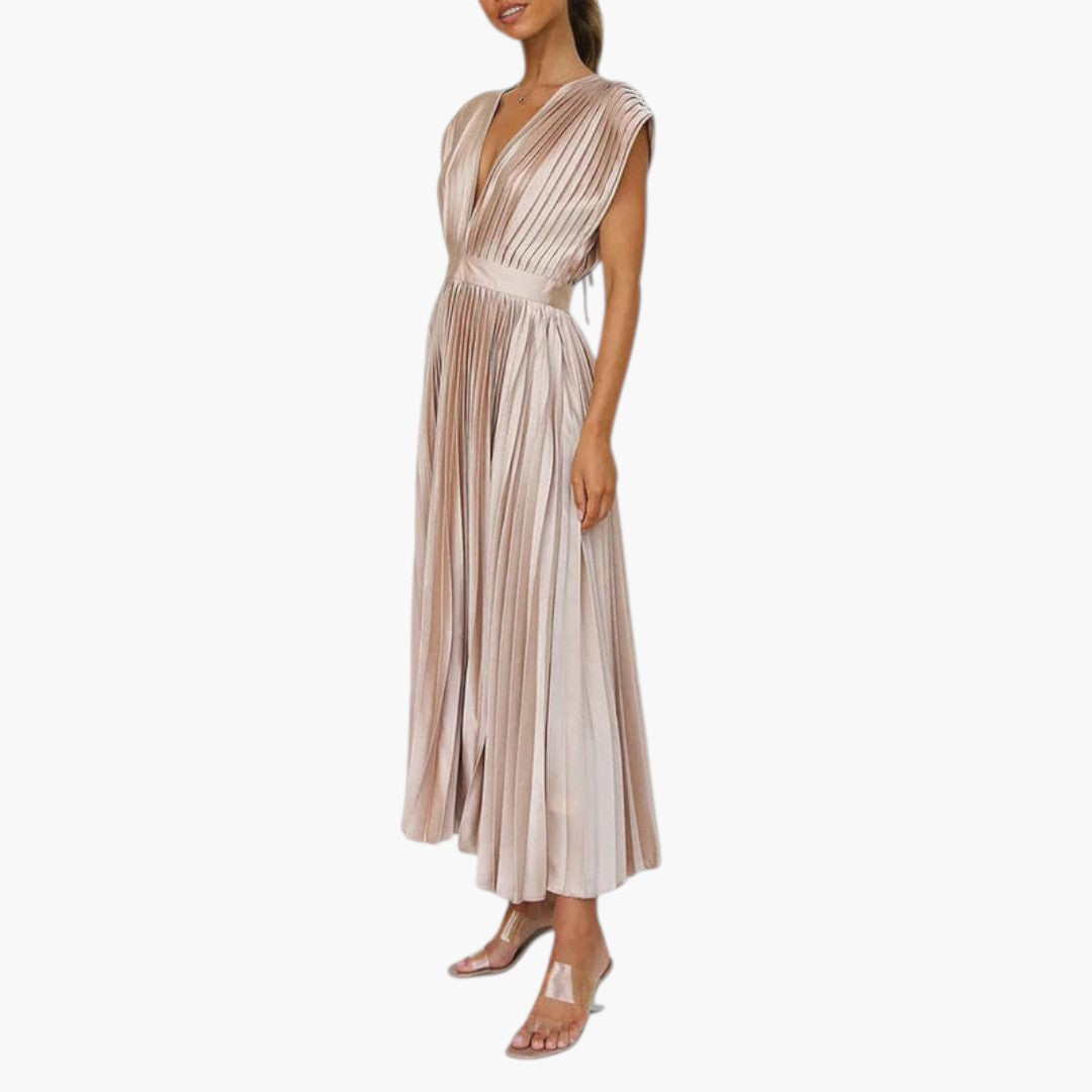 Abito midi donna con scollo a V e gonna plissettata