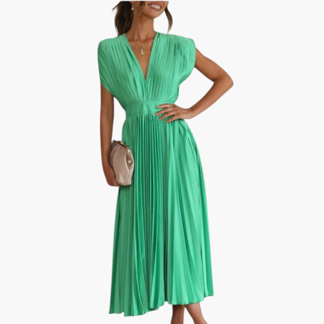 Abito midi donna con scollo a V e gonna plissettata