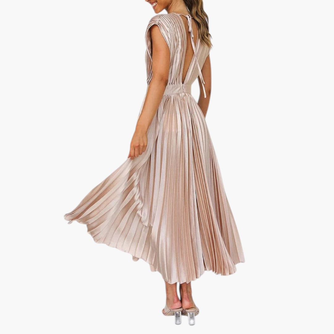 Abito midi donna con scollo a V e gonna plissettata