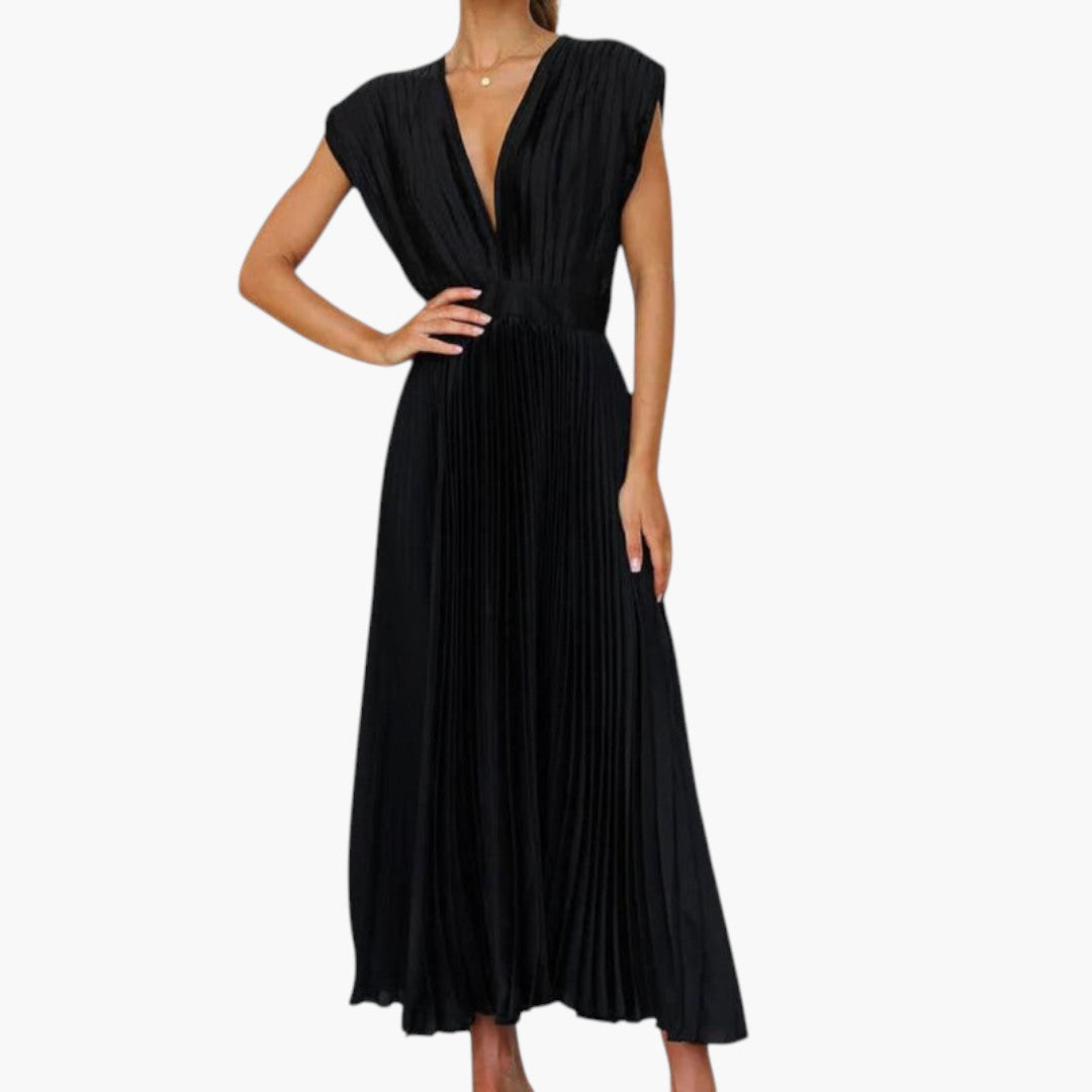 Abito midi donna con scollo a V e gonna plissettata