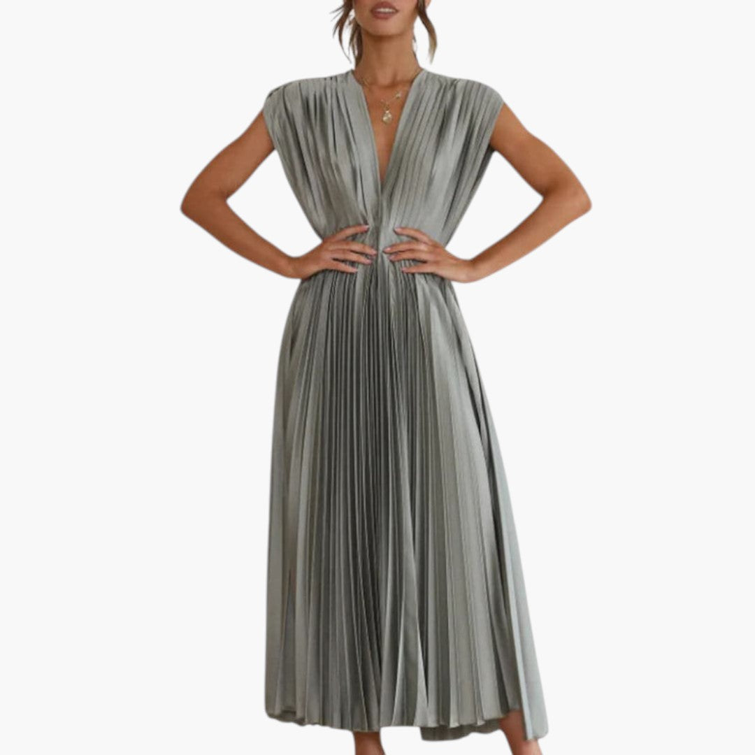 Abito midi donna con scollo a V e gonna plissettata