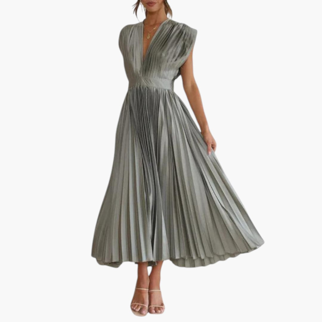 Abito midi donna con scollo a V e gonna plissettata