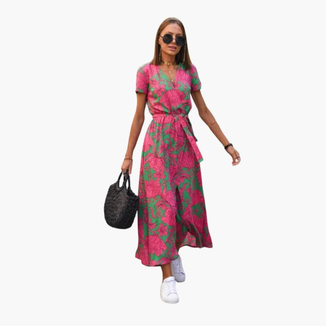 Abito midi donna con scollo a V e cintura in vita