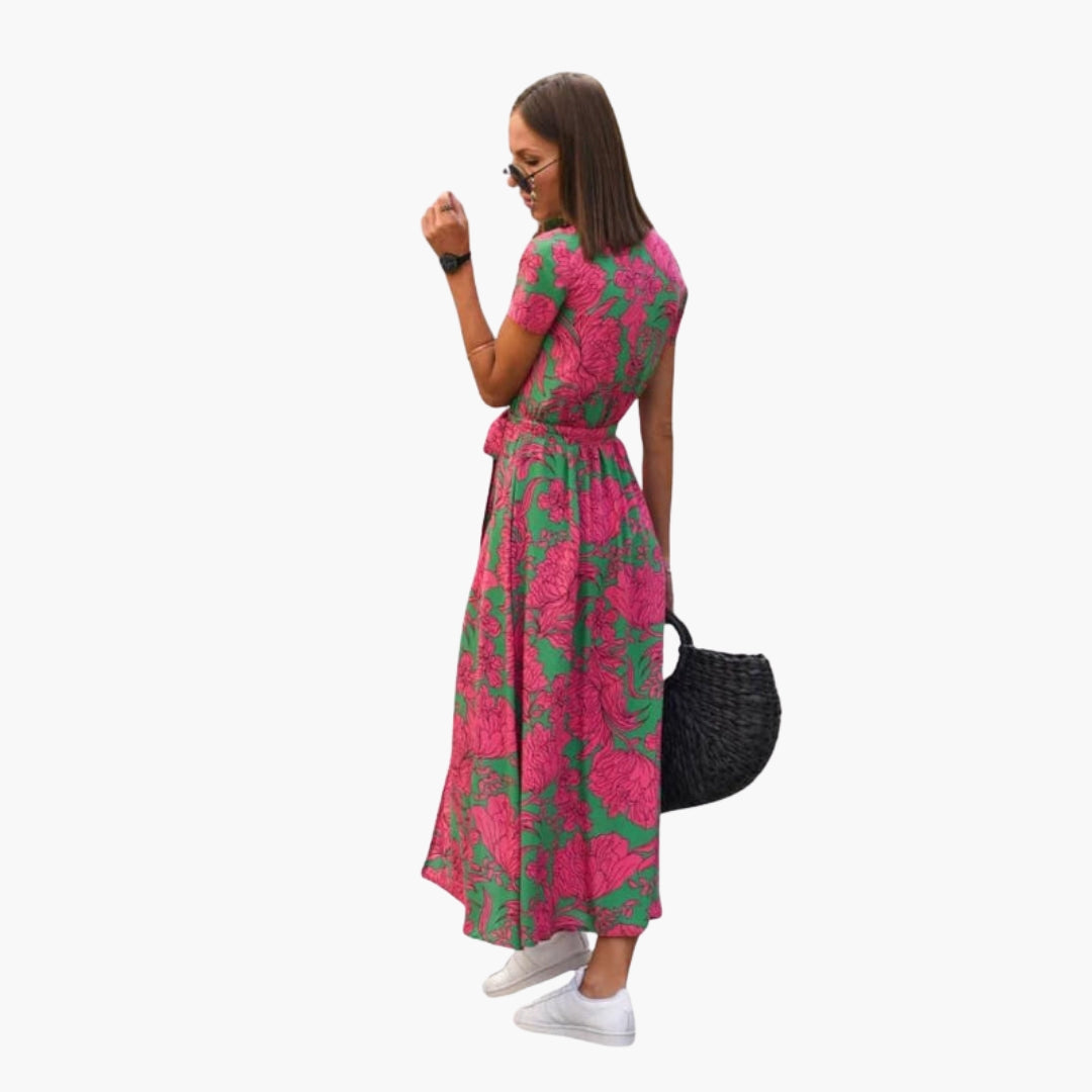 Abito midi donna con scollo a V e cintura in vita