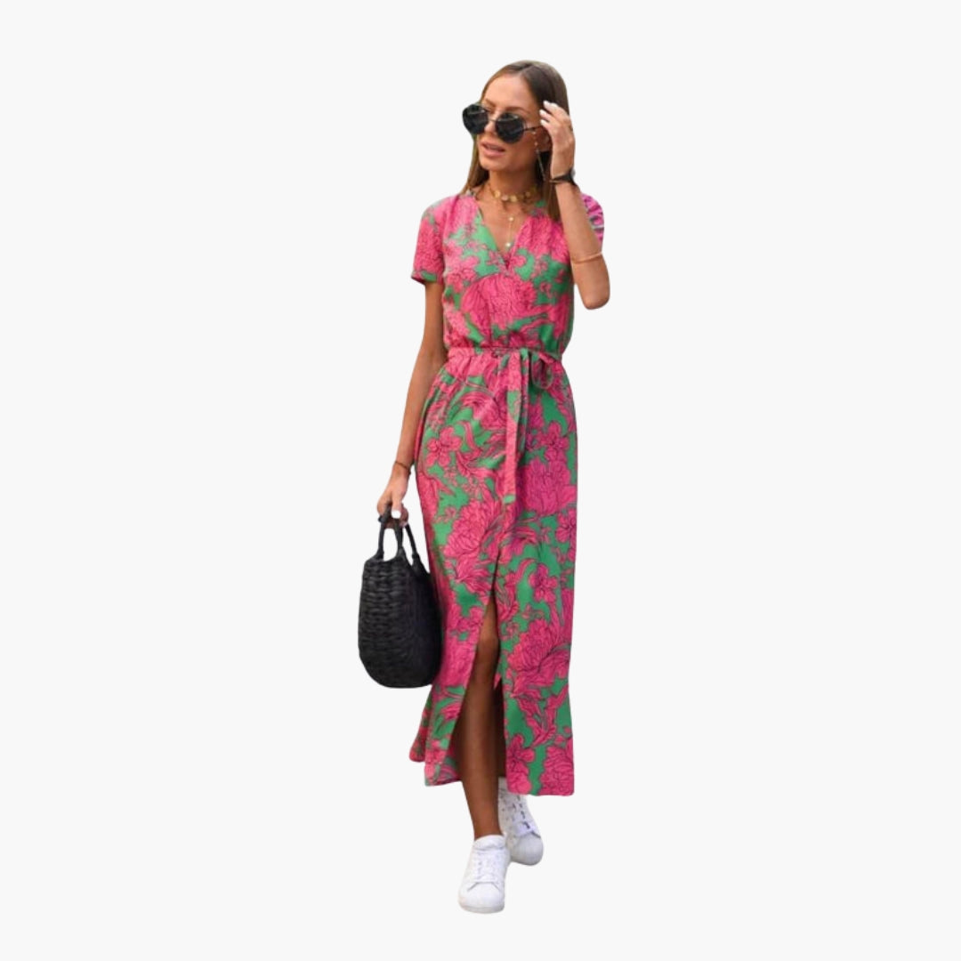 Abito midi donna con scollo a V e cintura in vita