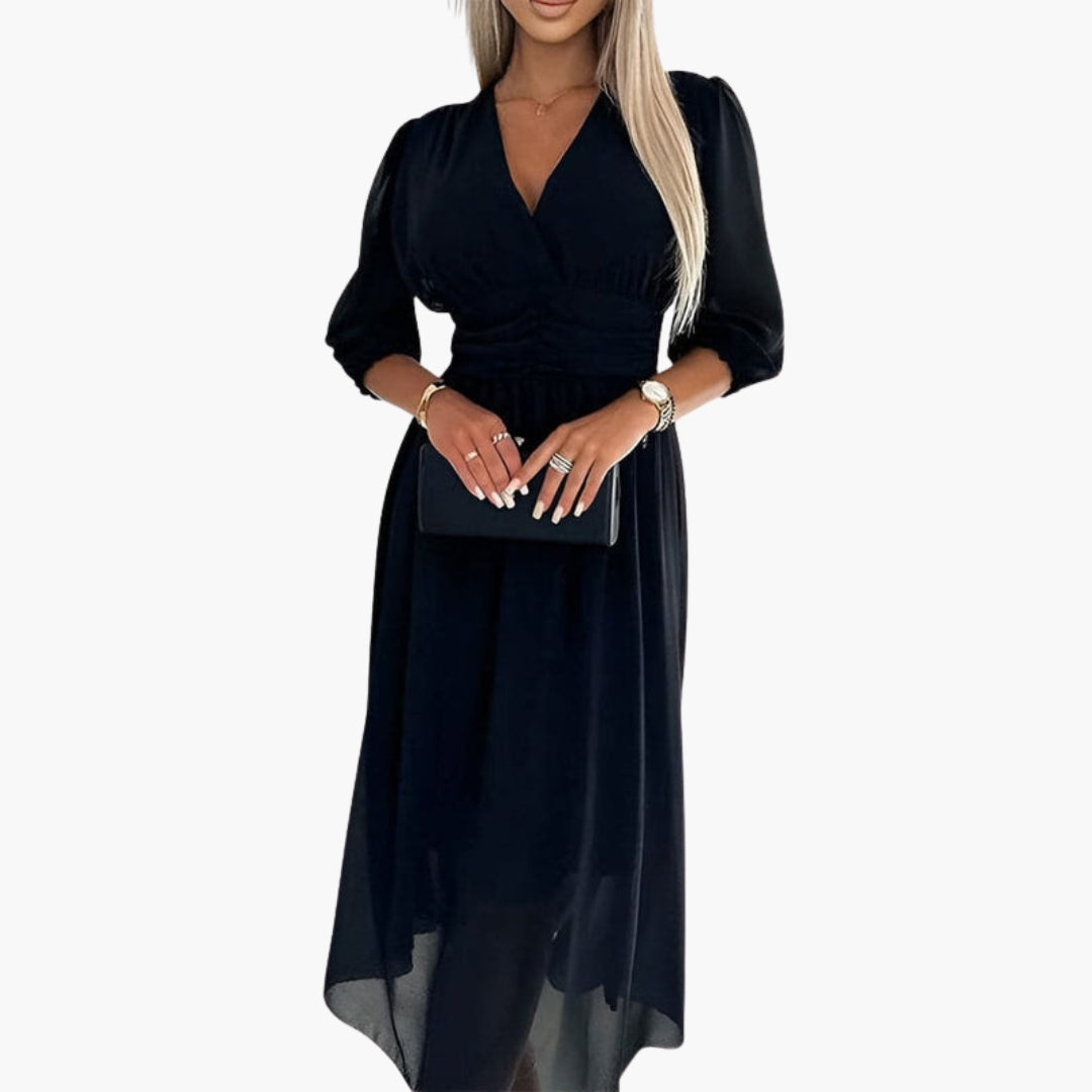 Abito midi donna con scollo a V e maniche a tre quarti