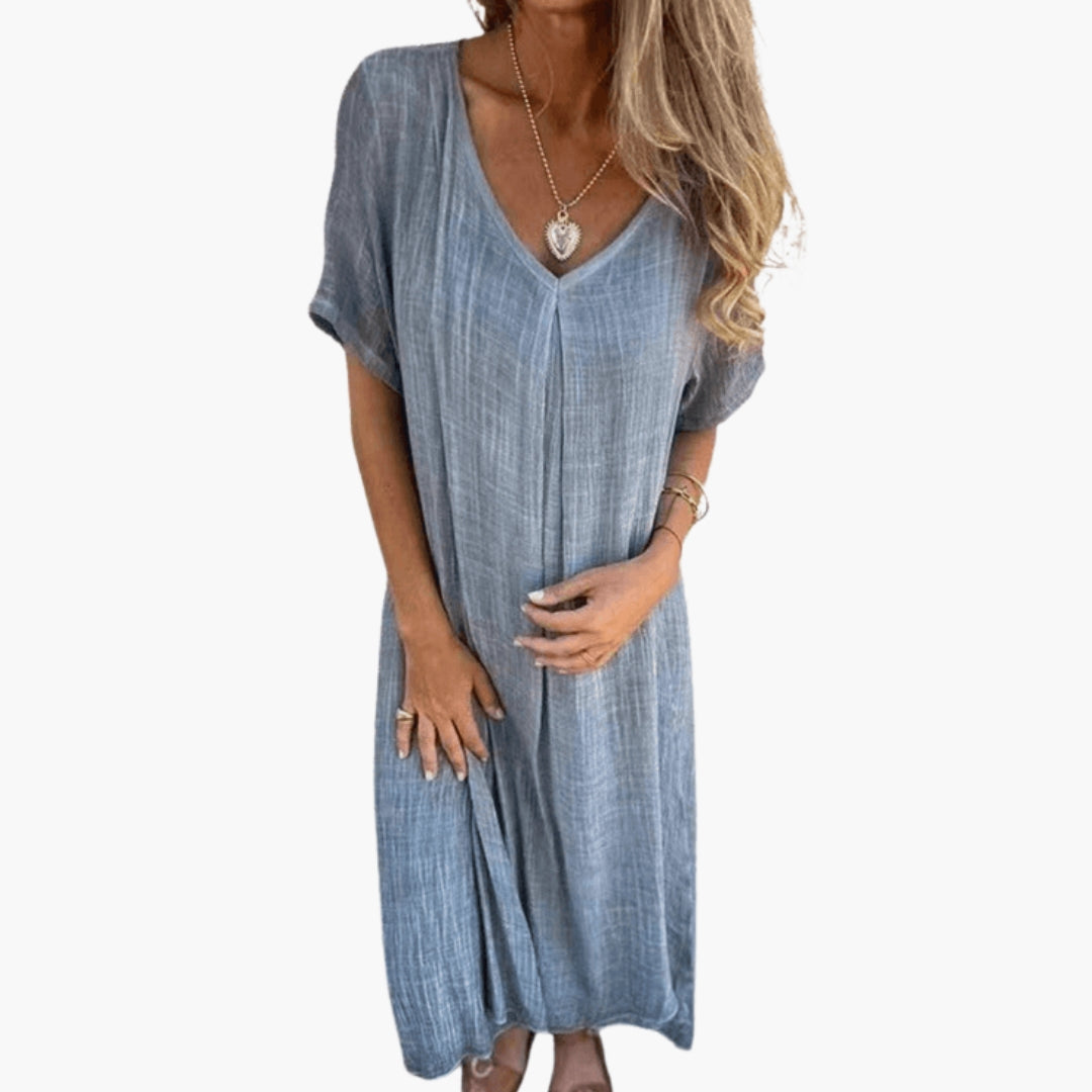 Robe midi femme avec col V manches courtes