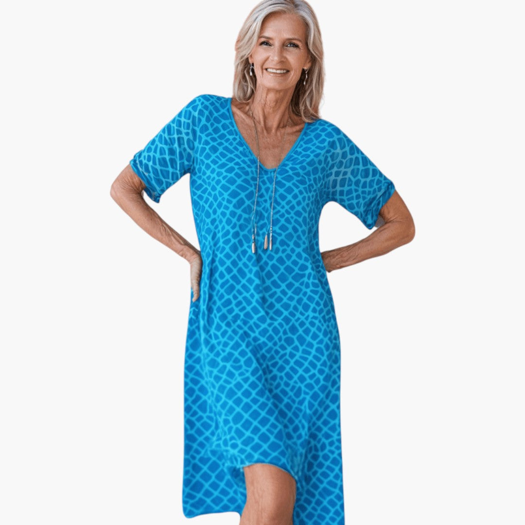 Robe midi femme col V manches courtes avec lien à pompons