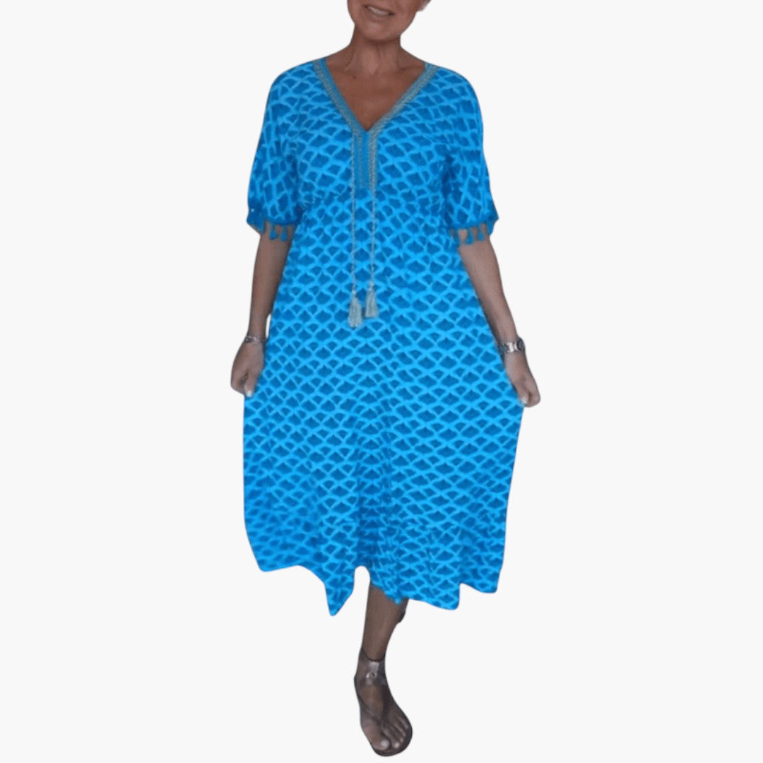 Robe midi femme col V manches courtes avec lien à pompons