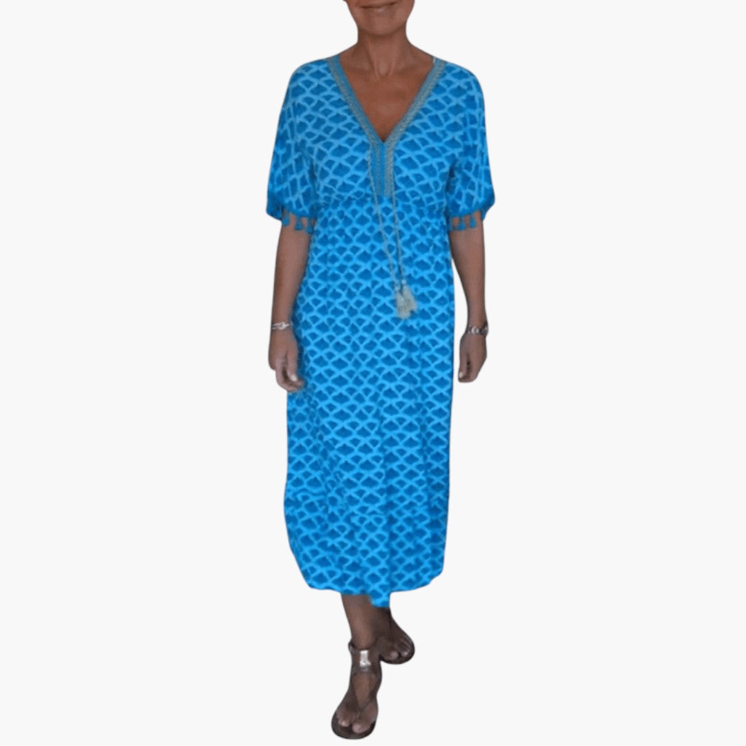 Robe midi femme col V manches courtes avec lien à pompons