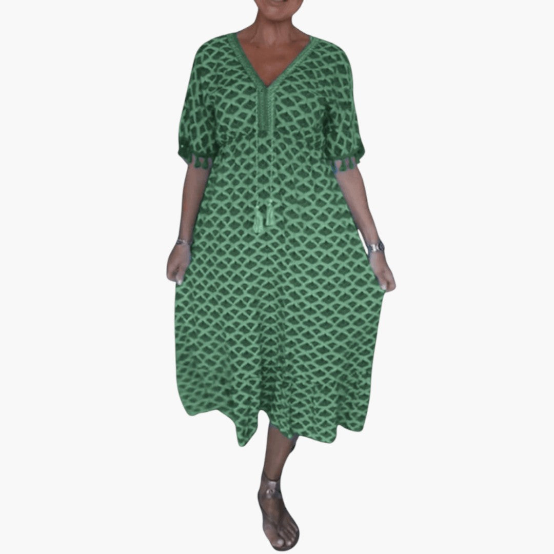 Robe midi femme col V manches courtes avec lien à pompons