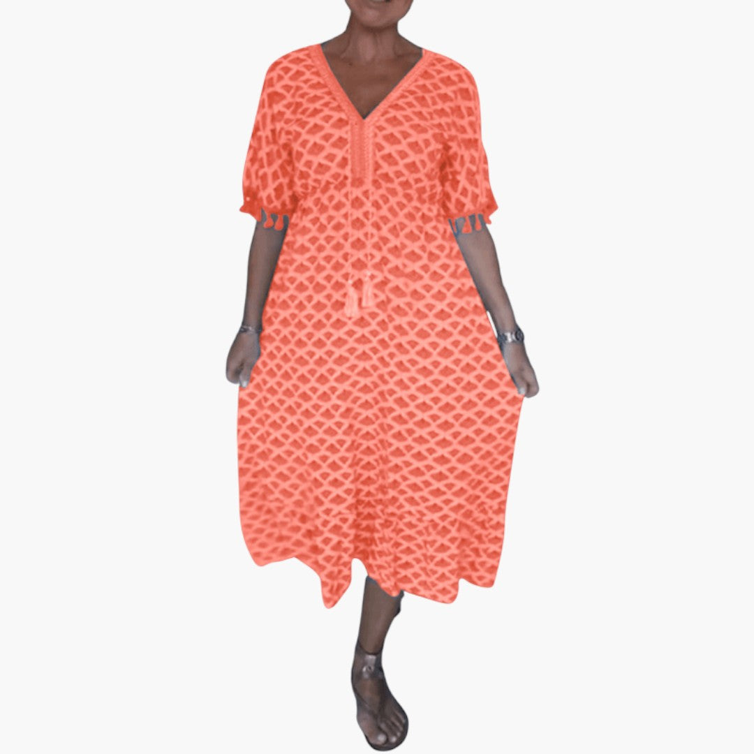 Robe midi femme col V manches courtes avec lien à pompons