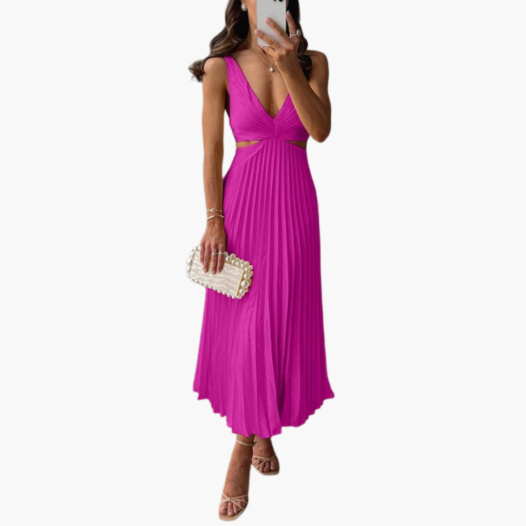 Abito midi donna con scollo a V profondo e gonna plissettata