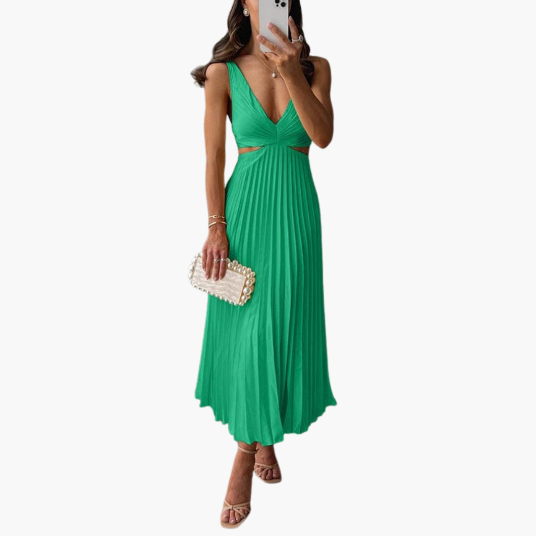 Abito midi donna con scollo a V profondo e gonna plissettata