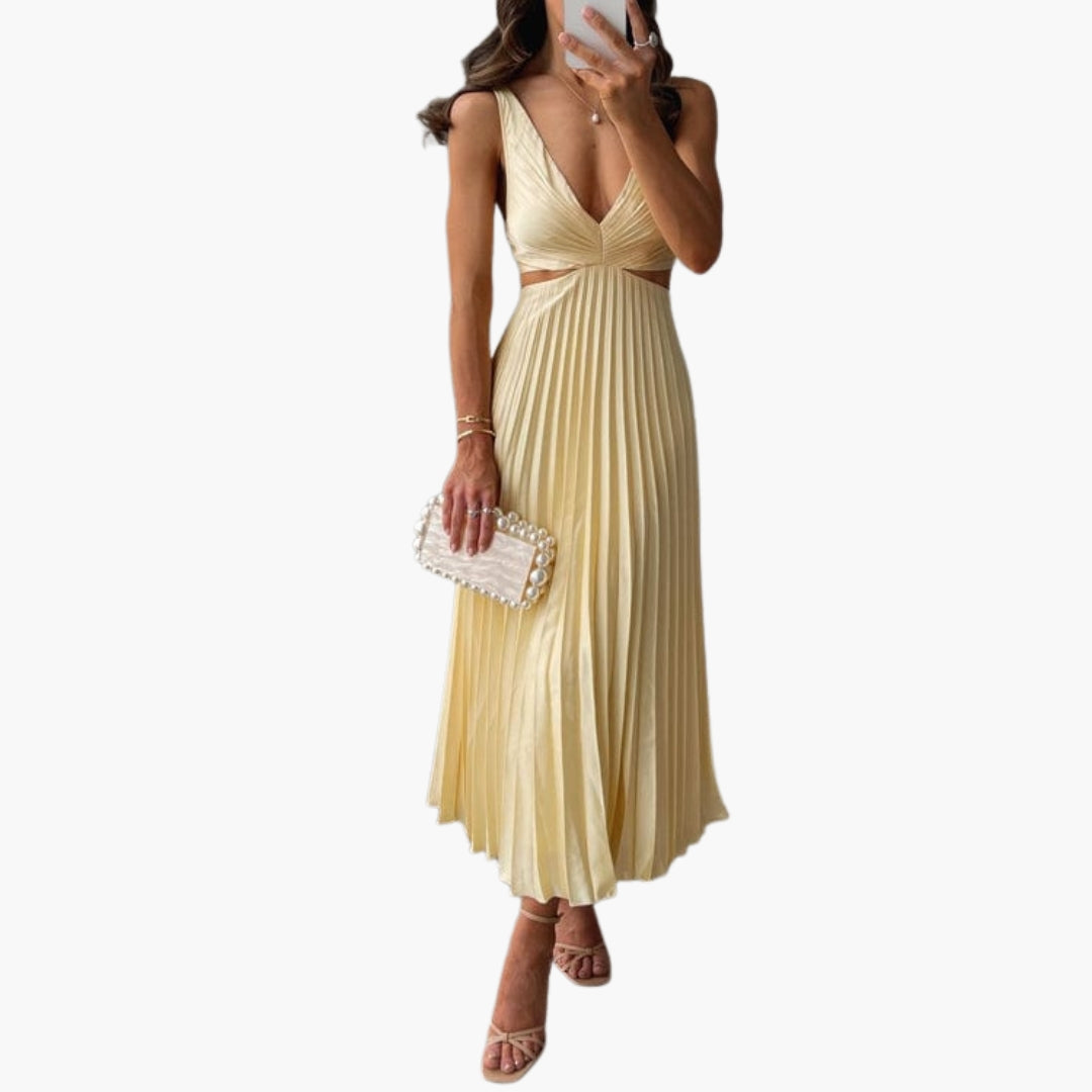 Abito midi donna con scollo a V profondo e gonna plissettata