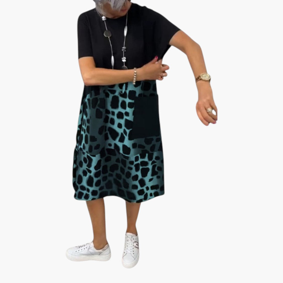 Vestido midi feminino de mangas curtas com superfície estampada