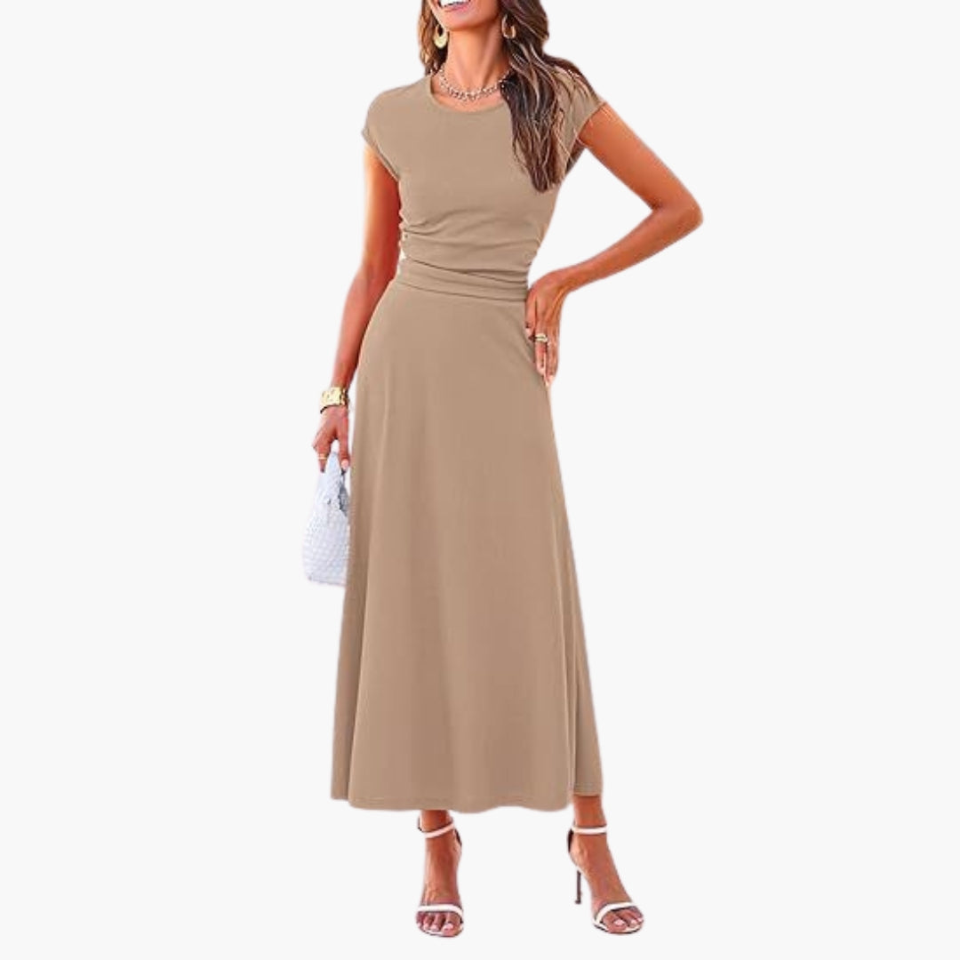 Midi-Kleid für Damen mit hohem Bund und kurzen Ärmeln