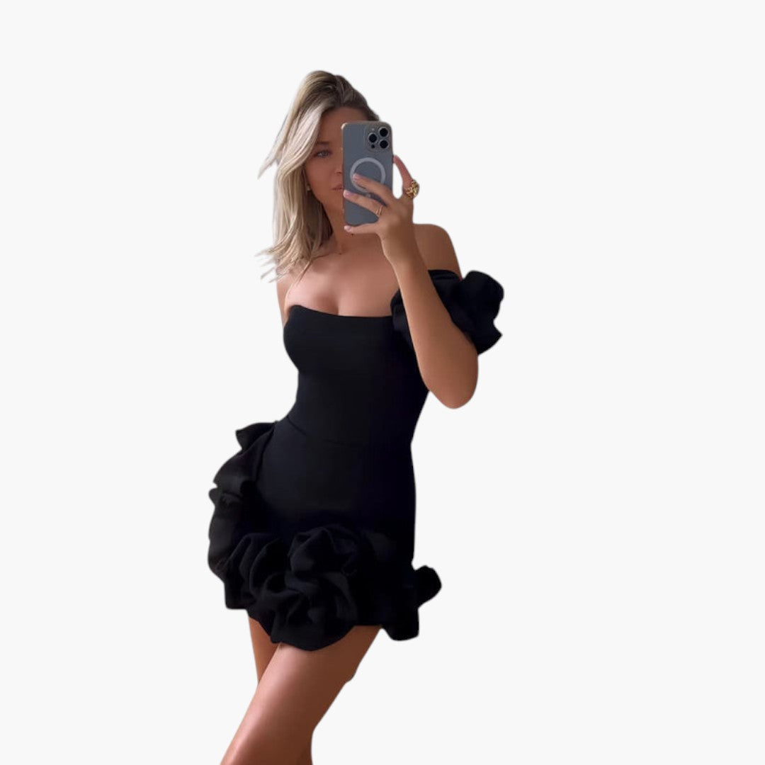 Mini-Kleid für Damen mit einer Schulter und Volantabschluss