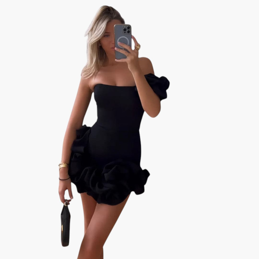 Mini-Kleid für Damen mit einer Schulter und Volantabschluss