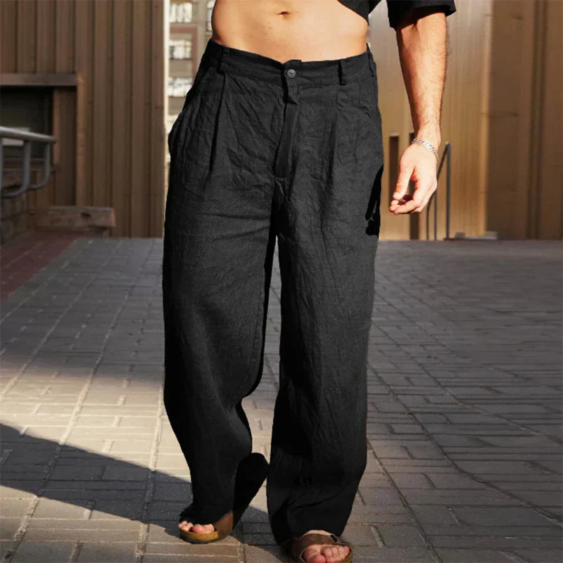Pantalon Homme jambes larges taille haute poches – pantalon été respirant