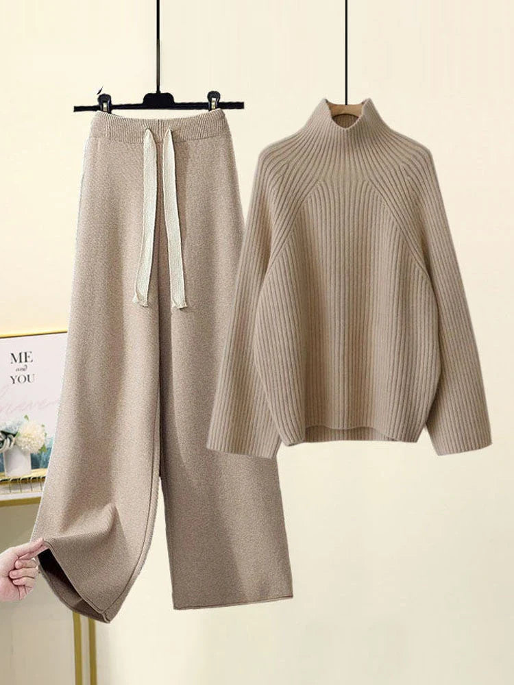 Ensemble maille deux pièces femme | Demi col roulé, pantalon large | Coupe ample confortable pour mi saison et temps frais