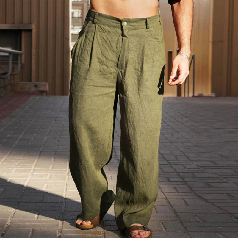 Pantalon Homme jambes larges taille haute poches – pantalon été respirant