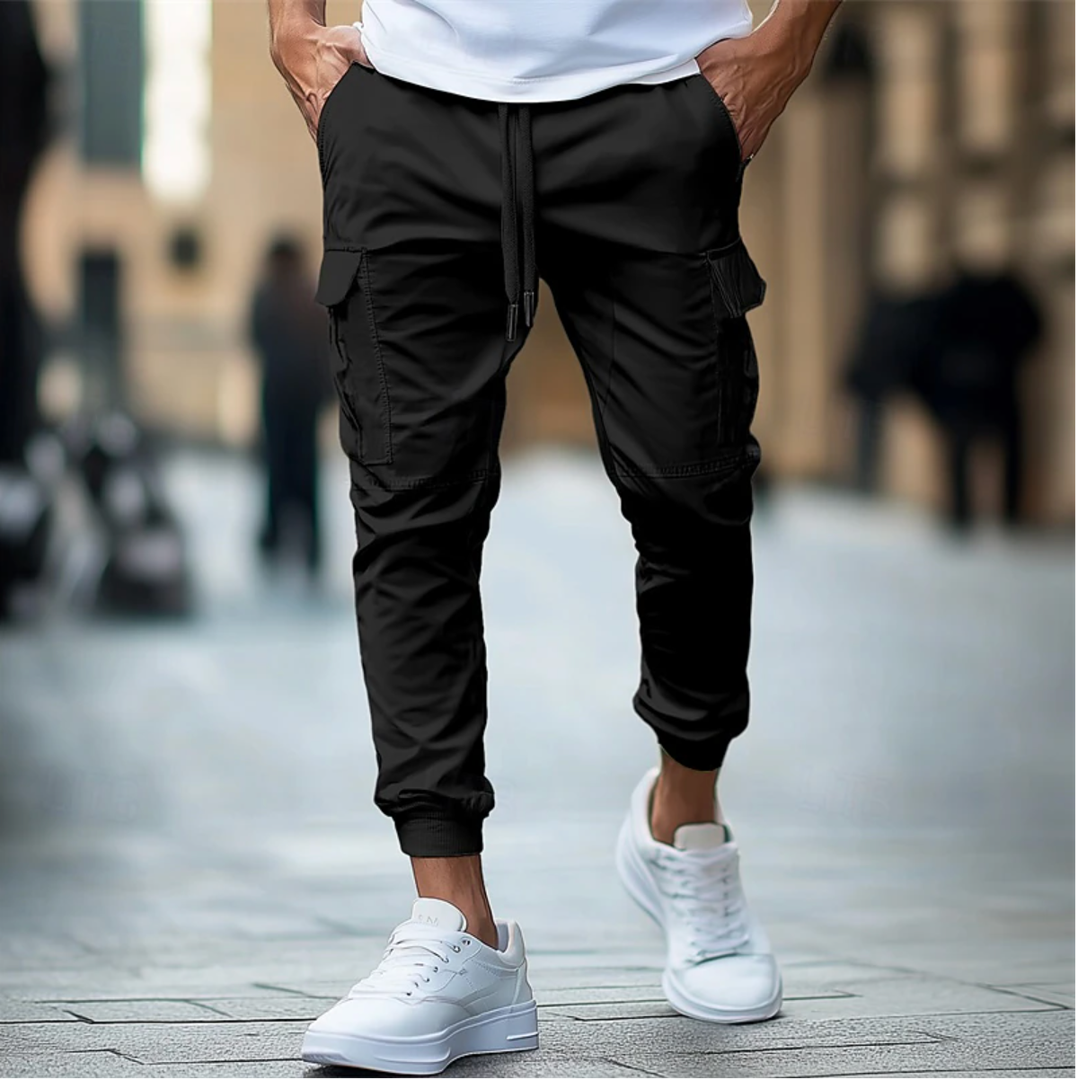 Pantalon cargo jogger homme | Taille élastique avec cordon, coupe slim | Multiples poches, bas resserrés